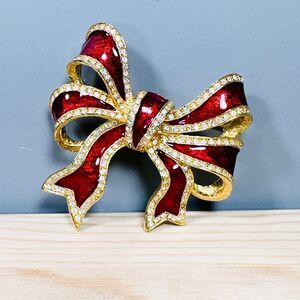 Joan Rivers Bow Pin Brooch Red Enamel Rhinestones Gold Tone